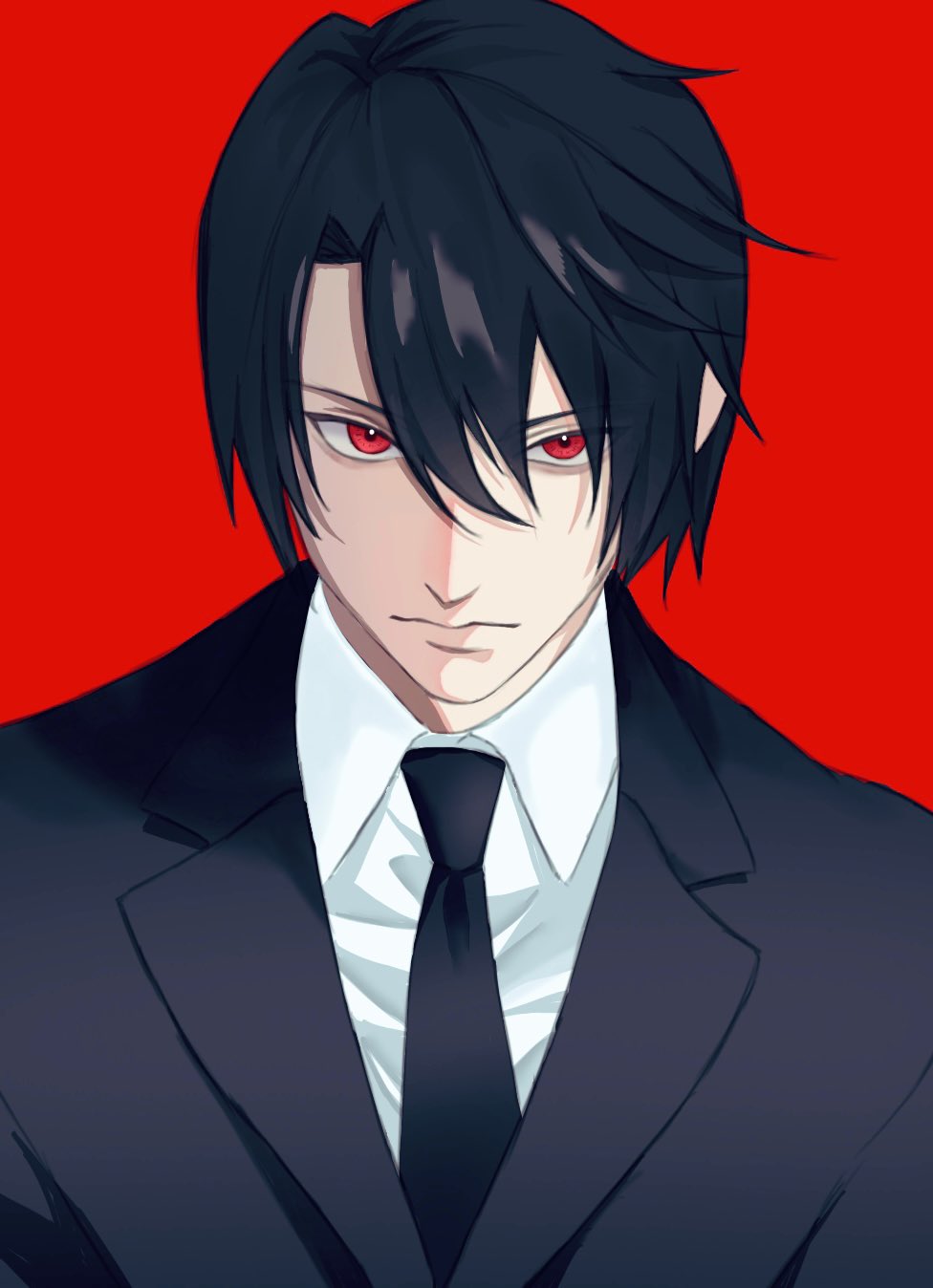 1boy aged_down black_hair black_necktie black_suit commentary_request dirge_of_cerberus_final_fantasy_vii final_fantasy final_fantasy_vii formal_clothes highres jacket lifestream777 male_focus necktie red_background red_eyes shirt short_hair suit suit_jacket turks_(ff7) vincent_valentine white_shirt