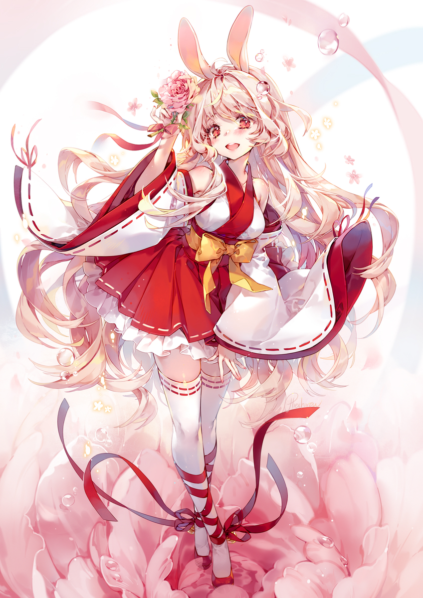1girl :d \||/ ahoge air_bubble aki_(sasucchi95) animal_ears bare_shoulders blush bow breasts bubble collarbone commentary commission crossed_ankles detached_sleeves english_commentary fingernails flower full_body grey_hair hair_between_eyes hair_over_shoulder hand_up hieihirai highres holding holding_flower japanese_clothes kimono kimono_skirt lips long_hair medium_breasts open_mouth original petticoat pink_bow pink_flower pink_rose rabbit_ears rabbit_girl red_eyes red_kimono red_ribbon red_shoes red_skirt ribbon ribbon-trimmed_sleeves ribbon_trim rose round_teeth shoes simple_background skindentation skirt sleeveless sleeveless_kimono smile solo standing teeth thighhighs tongue turning_head two-tone_kimono upper_teeth_only very_long_hair white_background white_kimono white_thighhighs wide_sleeves yellow_bow zettai_ryouiki