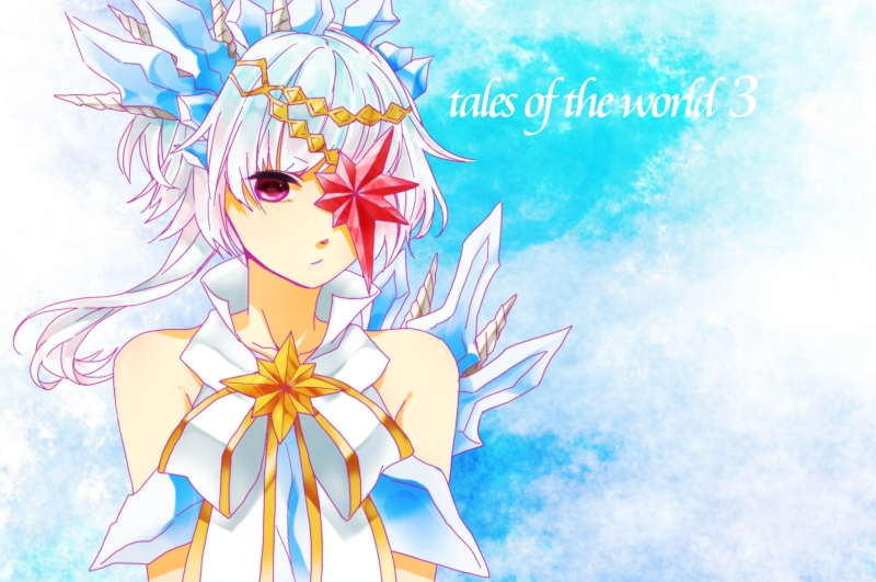 1girl albino alfa_system bad_id bad_pixiv_id blue_background bow copyright_name expressionless eyepatch female_focus headgear razalis razalis_(tales) red_eyes ribbon short_hair solo tales_of_(series) tales_of_the_world tales_of_the_world_radiant_mythology_3 white_hair yamashiro_(heisi-chan)