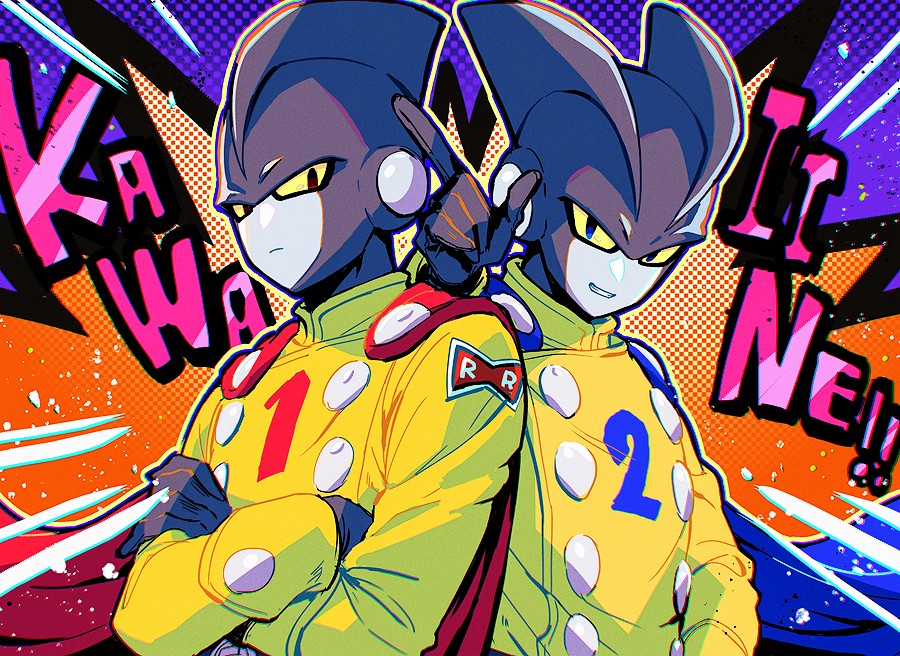 2boys blue_cape buttons cape closed_mouth colored_sclera colored_skin commentary_request crossed_arms double-breasted dragon_ball dragon_ball_super dragon_ball_super_super_hero gamma_1 gamma_2 gloves grin itsuki_(nightlight) jacket looking_at_viewer male_focus multiple_boys pointing red_cape red_ribbon_army romaji_text simple_background smile upper_body yellow_jacket yellow_sclera