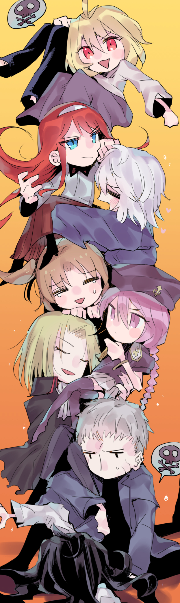4girls 5boys :&gt; =_= arcueid_brunestud bad_id bad_pixiv_id beret black_hair blonde_hair blue_eyes blush braid brown_hair cape carrying_over_shoulder closed_eyes coat commentary_request crying fang gradient_background grey_hair hairband hat highres hug japanese_clothes kagetsu_tooya long_hair long_skirt long_sleeves looking_at_another looking_at_viewer melty_blood michael_roa_valdamjong miniskirt multiple_boys multiple_girls nero_30066346 nrvnqsr_chaos open_mouth orange_background parted_bangs pleated_skirt purple_eyes purple_hair red_eyes red_hair short_hair short_sleeves single_braid sion_eltnam_(type-moon) sion_eltnam_atlasia skirt skull smile speech_bubble sweatdrop tears tohno_akiha tohno_shiki tohno_shiki_(2) toono_akiha tsukihime vermillion_akiha wallachia white_hairband yumizuka_satsuki