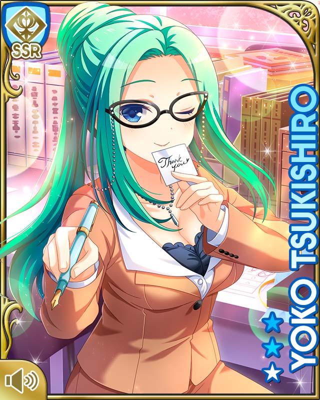 1girl black-framed_eyewear blue_eyes blush bookcase breasts brown_dress card_(medium) closed_mouth day dress english_text female_focus girlfriend_(kari) glasses green_hair hair_bun indooors long_hair official_art one_eye_closed qp:flapper school shirt single_hair_bun sitting_in_chair solo tagme tanabata tsukishiro_youko white_shirt wink