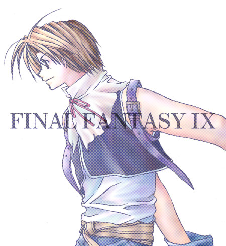 1boy arm_belt belt black_vest blonde_hair brown_belt copyright_name cropped_vest facing_to_the_side final_fantasy final_fantasy_ix from_side lowres male_focus neck_ribbon red_ribbon rendezvous ribbon shirt short_hair smile solo third-party_source upper_body vest white_background white_shirt zidane_tribal