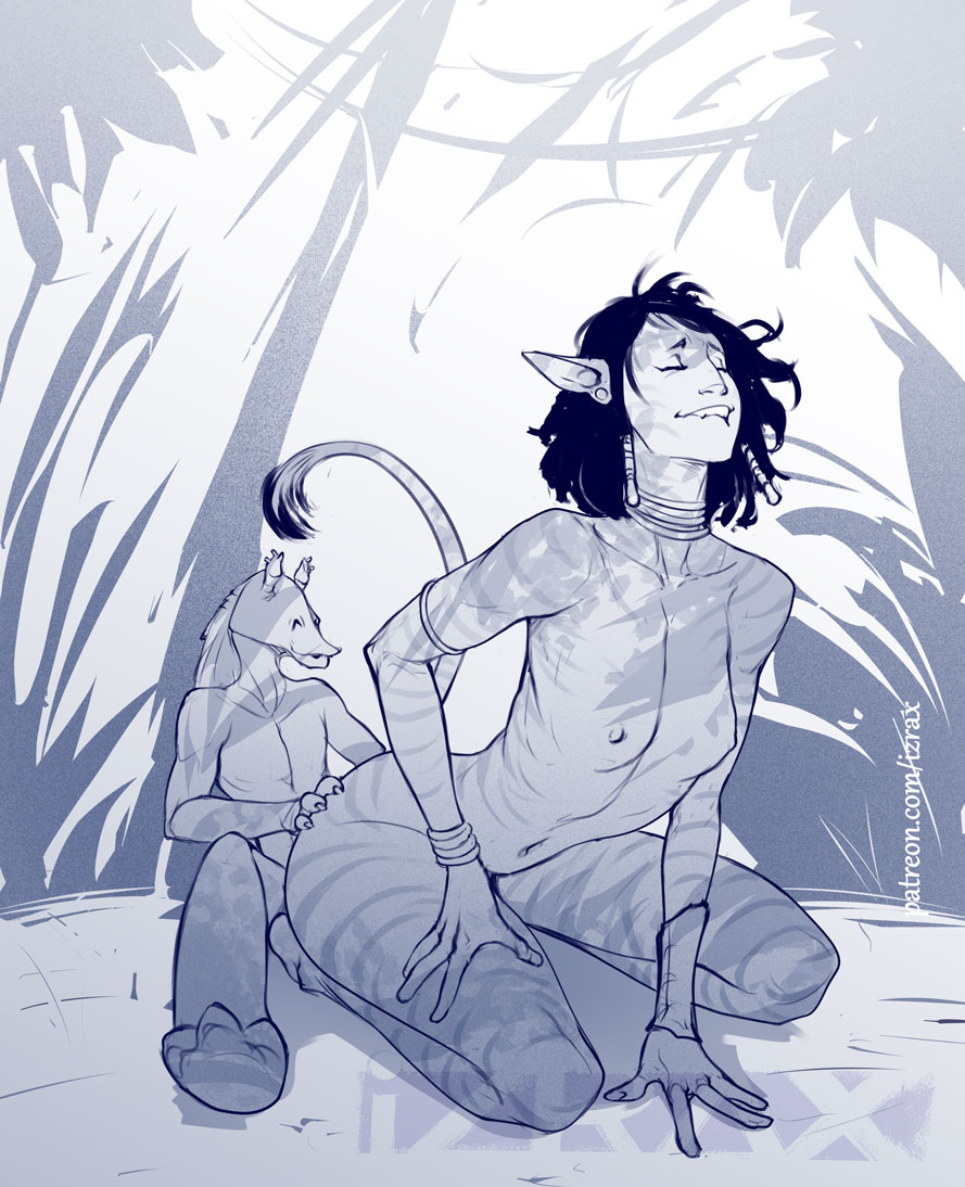 1boy 1girl alien armlet bracelet breasts commentary completely_nude crossover english_commentary gungan height_difference hetero izra james_cameron&#039;s_avatar jar-jar_binks jewelry long_tail na&#039;vi navel neck_ring nipples nude pointy_ears sex small_breasts star_wars striped_skin tail tall_female watermark web_address