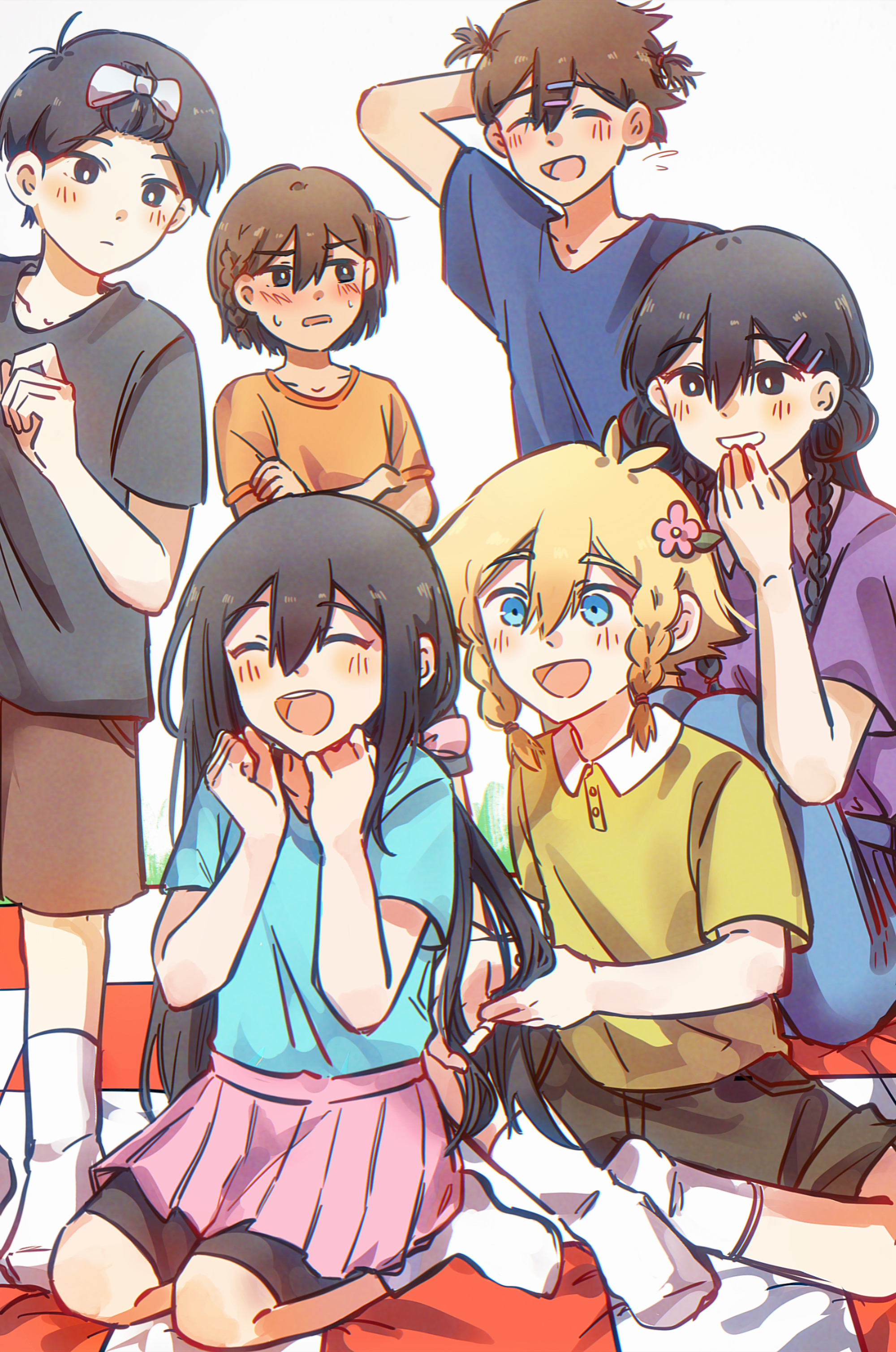 2girls 4boys absurdres aged_down alternate_costume alternate_eye_color alternate_hairstyle antenna_hair arm_behind_head arm_up aubrey_(faraway)_(omori) aubrey_(omori) bailan1130 basil_(faraway)_(omori) basil_(omori) bike_shorts bike_shorts_under_skirt black_eyes black_hair black_shirt black_shorts blonde_hair blue_eyes blue_shirt blush braid brother_and_sister brothers brown_hair brown_shorts checkered_blanket chinese_commentary chromatic_aberration closed_eyes closed_mouth collarbone collared_shirt commentary_request crossed_arms dark-skinned_male dark_skin denim flower flying_sweatdrops full_body green_shirt hair_flower hair_ornament hair_pulled_back hairclip hero_(faraway)_(omori) hero_(omori) highres indian_style jeans kel_(faraway)_(omori) kel_(omori) long_hair looking_at_another mari_(faraway)_(omori) mari_(omori) multiple_boys multiple_girls omori open_mouth orange_shirt pants picnic_blanket pink_skirt pleated_skirt purple_shirt seiza shirt short_hair short_sleeves shorts siblings simple_background single_braid sitting skirt smile socks standing sunny_(omori) sweat t-shirt teeth twin_braids upper_teeth_only white_background white_socks