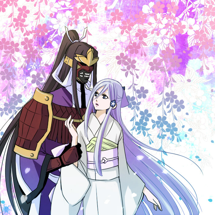 1boy 1girl armor bleach bleach:_zanpakutou_ibun_hen blue_eyes flower gloves hair_ornament holding_another&#039;s_wrist japanese_armor japanese_clothes kimono kote light_purple_hair long_hair mask personification sakurai_(f/l) samurai senbonzakura shoulder_armor sode sode_no_shirayuki very_long_hair