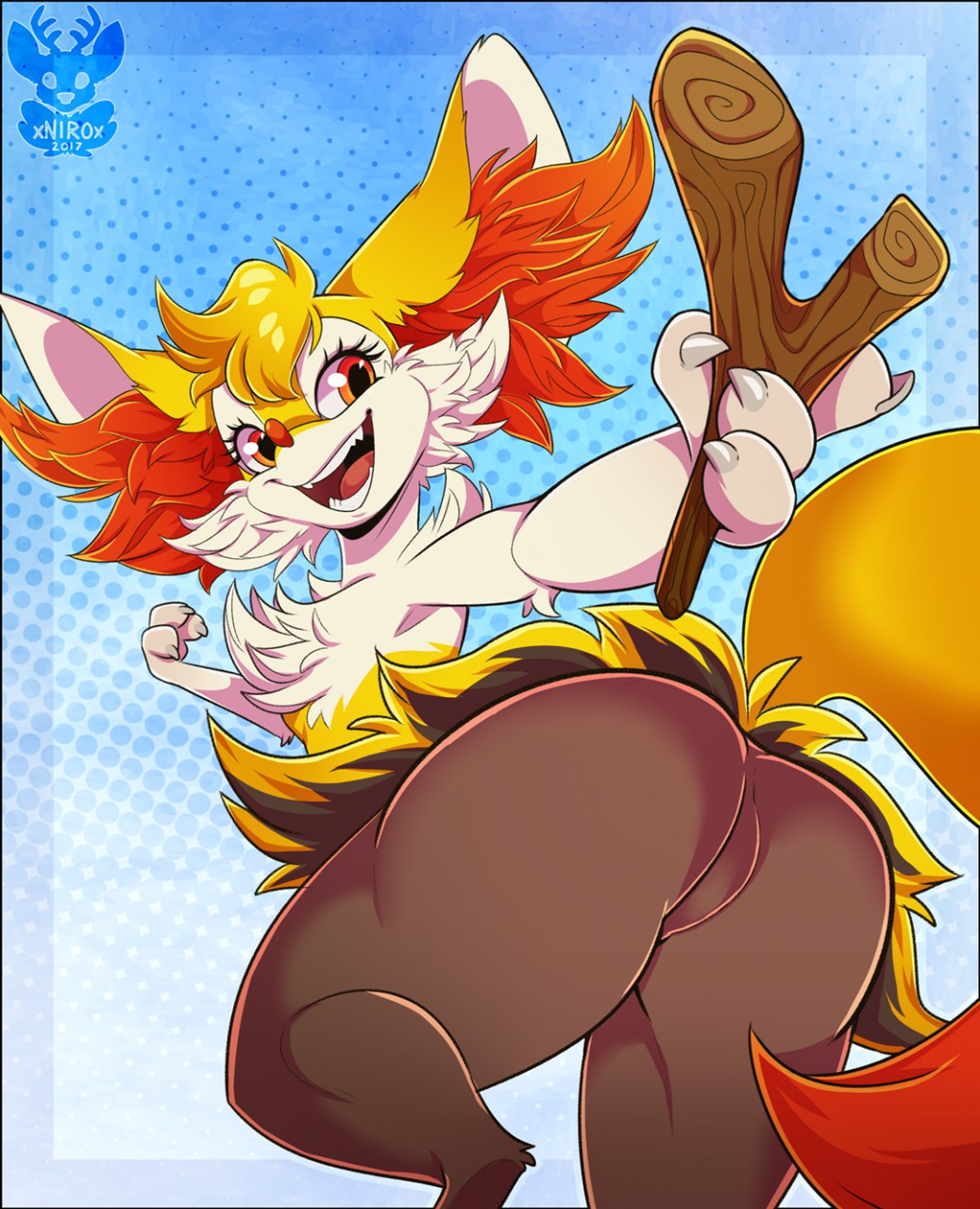 1girl animal_ears artist_name ass blue_background braixen breasts claws female_focus fox_ears fox_tail from_behind from_below furry furry_female gen_6_pokemon gradient_background hand_up highres nintendo no_pussy open_mouth outstretched_arm pokemon pokemon_(creature) simple_background small_breasts smile solo standing stick tail teeth text_focus tongue white_background xnirox yellow_eyes