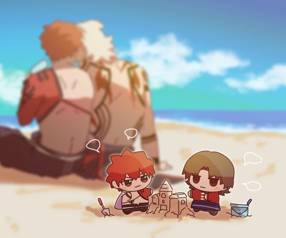 2boys :3 beach blush brown_eyes brown_hair chibi chibi_inset couple day emiya_shirou fate/grand_order fate_(series) from_behind igote japanese_clothes kotomine_kirei looking_to_the_side male_focus multiple_boys ocean orange_hair outdoors rasputin_(fate) rasputin_(third_ascension)_(fate) red_hair sand senji_muramasa_(fate) si_ihic simple_background sitting white_hair yaoi