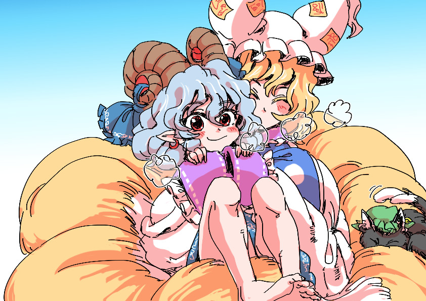 3girls animal_ears black_fur blonde_hair cat cheken chen chen_(cat) closed_eyes colored_eyelashes curled_horns dress forked_tail fox_ears fox_girl fox_tail gradient_background green_hat grey_hair hat horn_ornament horns hug jaggy_lines mob_cap multiple_girls multiple_tails raised_eyebrows red_eyes sitting sitting_on_lap sitting_on_person sleeves_past_fingers sleeves_past_wrists smile tabard tail touhou toutetsu_yuuma wavy_hair white_dress white_hat yakumo_ran