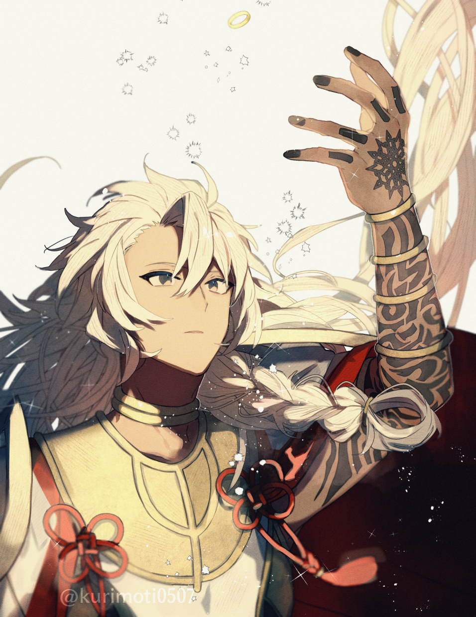 1boy 57krmt arm_tattoo arm_up artist_name black_nails braid dark-skinned_male dark_skin fate/grand_order fate_(series) floating_hair flower_knot hair_between_eyes hand_tattoo highres jewelry long_hair male_focus neck_ring parted_lips ring shirt side_braid simple_background single_braid sleeveless sleeveless_shirt solo solomon_(fate) sparkle tattoo twitter_username upper_body very_long_hair watermark white_background white_hair white_shirt
