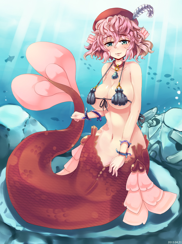 1girl air_bubble bad_id bad_pixiv_id bare_shoulders beret bikini black_bikini bottomless bracelet breasts bubble choker cleavage clenched_hand collar colored_skin coral crossover curvy dated feathers female_focus fins fish front-tie_bikini_top front-tie_top full_body gen_3_pokemon green_eyes groin hair_between_eyes hat hat_feather head_fins hip_focus jewelry large_breasts light_rays light_smile looking_at_viewer mermaid merrow messy_hair metagross micro_bikini mole mole_under_eye monster_girl monster_girl_encyclopedia narrow_waist navel nintendo ocean outdoors parted_lips pendant pink_hair pokemon pokemon_(creature) red_skin scales seashell shell shell_bikini short_hair sideboob smile solo strap_gap sunbeam sunlight swimsuit tail tinpam underboob underwater water wide_hips