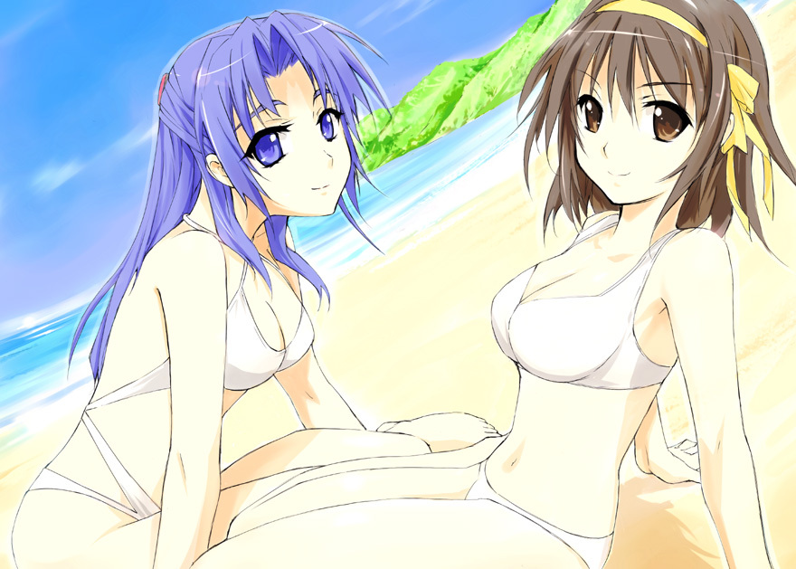 2girls asakura_ryoko bad_id bad_pixiv_id beach bikini blue_eyes blue_hair breasts brown_eyes brown_hair cleavage day funeral_(artist) hairband long_hair multiple_girls outdoors ribbon short_hair sumisi suzumiya_haruhi suzumiya_haruhi_no_yuuutsu swimsuit water