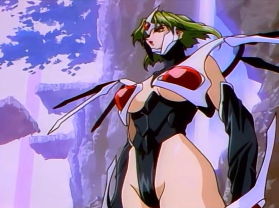 1990s_(style) armor armored_leotard asahina_suzu breasts choujin_gakuen_gowcaizer green_hair highleg highleg_leotard leotard lipstick makeup oobari_masami platonic_slave retro_artstyle ruins screencap underboob