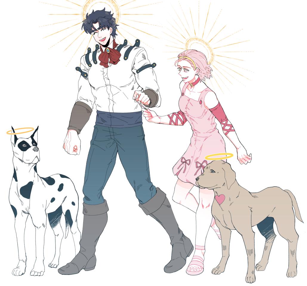 1boy 1girl arm_warmers arnold_(jojo) ashblanc195 bare_shoulders blue_hair boots choker closed_eyes danny_(jojo) diamond_wa_kudakenai dog dress food full_body hairband halo holding holding_food holding_pocky jojo_no_kimyou_na_bouken jonathan_joestar phantom_blood pink_dress pink_hair pocky short_hair smile sugimoto_reimi