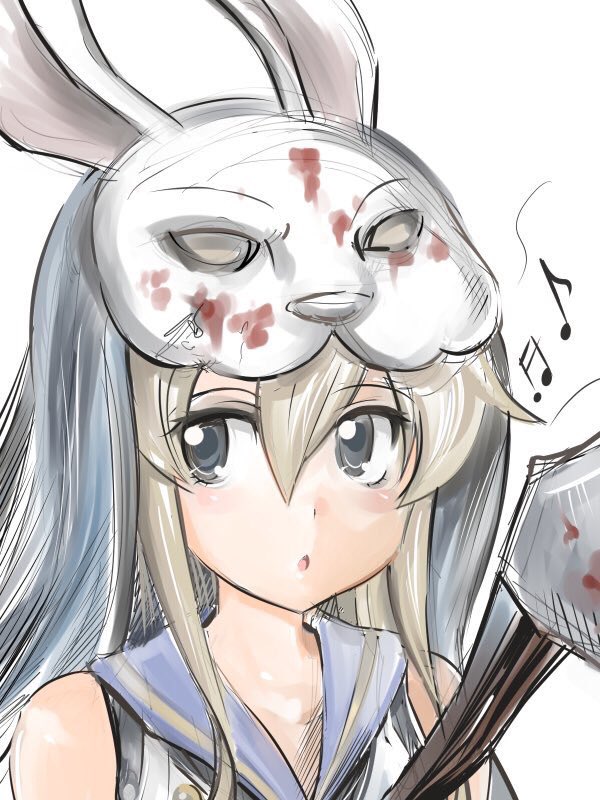 1girl anchor_hair_ornament animal_head axe blonde_hair blood dead_by_daylight female_focus grey_eyes hair_between_eyes hair_ornament holding holding_axe inoue_kousei kantai_collection long_hair musical_note parted_lips rabbit_head shimakaze_(kancolle) shirt sleeveless sleeveless_shirt solo upper_body veil white_background