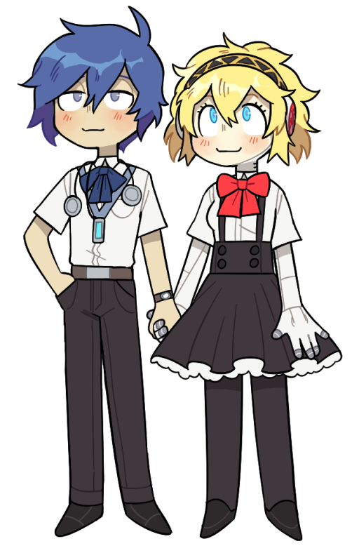 1boy 1girl aigis_(persona) android blonde_hair blue_eyes blue_hair blue_ribbon blush bow commentary digital_media_player digital_walkman finger_cannon gekkoukan_high_school_uniform hair_between_eyes hairband hand_in_pocket headphones hetero holding_hands joints persona persona_3 red_bow ribbon robot_ears robot_girl robot_joints school_uniform short_hair skirt smile standing suspender_skirt suspenders symbol-only_commentary transparent_background walkman_nw-s203f xenon yuuki_makoto_(persona_3)