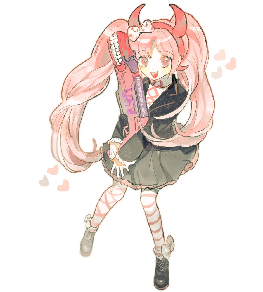 1girl :d bad_source black_jacket black_shoes black_skirt bow danganronpa_(series) danganronpa_another_episode:_ultra_despair_girls dentures fake_horns full_body g0m_0 hair_bow hairband heart holding holding_weapon horn_bow horn_hairband horn_ornament horns jacket long_hair long_sleeves looking_at_viewer open_mouth pantyhose pink_eyes pink_hair pink_hairband pink_horns pleated_skirt polka_dot polka_dot_bow shoes simple_background skirt smile solo standing striped_clothes striped_pantyhose twintails utsugi_kotoko very_long_hair weapon white_background