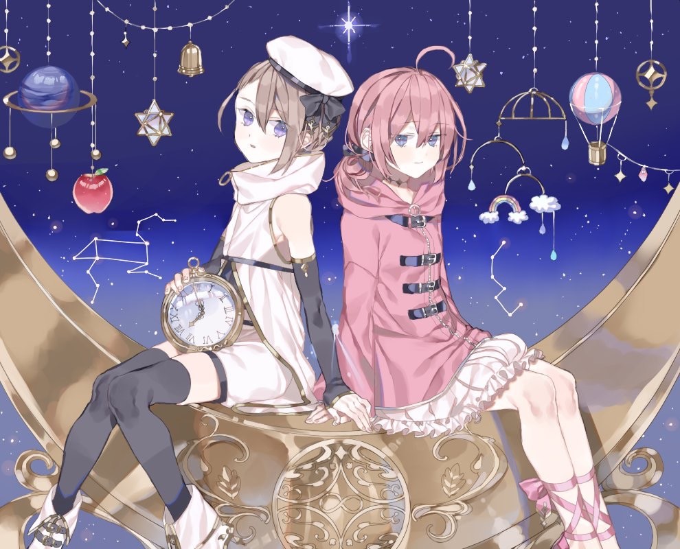 2girls ahoge apple bell beret black_thighhighs blue_eyes brown_hair christmas_star clock commentary_request constellation detached_sleeves food fruit gold_trim hair_between_eyes hand_on_hand hat holding_clock hood hooded_jacket infinity_symbol jacket knees_together_feet_apart legs_together leo_(constellation) long_sleeves looking_at_viewer mobile multiple_girls original pink_hair pink_jacket roman_numeral shoes short_hair sitting sky smile star_(sky) star_(symbol) starry_sky thighhighs ursa_minor_(constellation) white_hat white_jacket xxx_zice