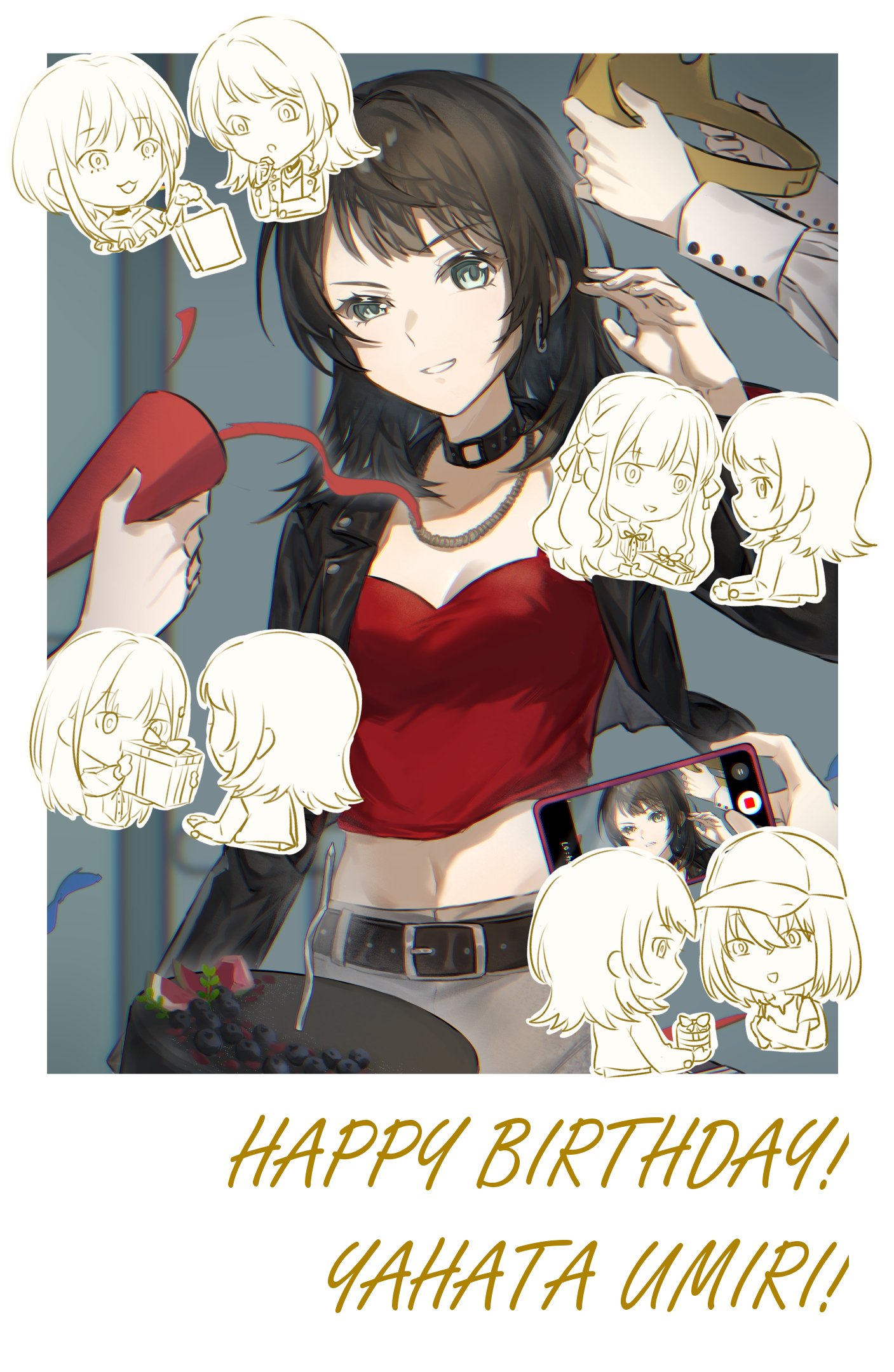 5girls ave_mujica_(bang_dream!) bang_dream! bang_dream!_it's_mygo!!!!! baseball_cap black_choker black_hair black_jacket blue_eyes breasts cake character_sticker choker cleavage commentary crown earrings fake_photograph food gift grey_skirt hair_ribbon happy_birthday hat highres instrument_case jacket jewelry long_hair looking_at_viewer medium_breasts medium_hair midriff misumi_uika multiple_girls navel necklace o-ring o-ring_choker open_clothes open_jacket open_mouth party_popper recording ribbon sidelocks skirt smile solo_focus symbol-only_commentary togawa_sakiko trileo405 wakaba_mutsumi yahata_umiri yuutenji_nyamu