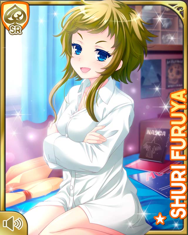 1girl bedroom blue_eyes bottomless card character_name crossed_arm furuya_shuri girlfriend_(kari) green_hair indoors kneeling long_bangs official_art open_mouth qp:flapper shirt short_hair smile tagme white_shirt