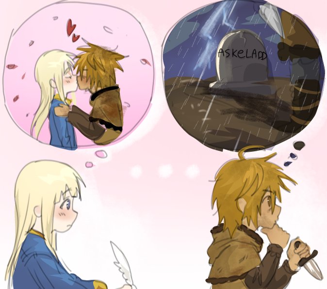 2boys androgynous blonde_hair blue_eyes blunt_bangs blush boots brown_eyes canute character_name closed_mouth dagger frown hand_on_another&#039;s_shoulder hand_on_own_chin heart holding holding_dagger holding_knife holding_quill holding_weapon kiss knife lightning long_hair male_focus messy_hair multiple_boys outdoors profile quill rain sidelocks speech_bubble tarsaqus thinking thorfinn tombstone vinland_saga weapon yaoi