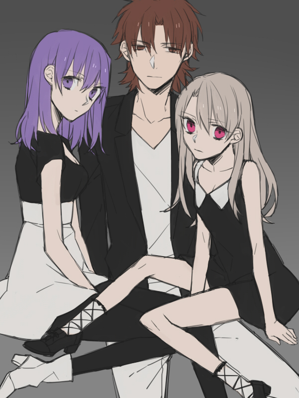 1boy 2girls bad_id bad_pixiv_id brown_eyes brown_hair casual cross-laced_footwear dress fate/stay_night fate_(series) illyasviel_von_einzbern kotomine_kirei long_hair matou_sakura multiple_girls naname13 pantyhose purple_eyes purple_hair red_eyes white_hair