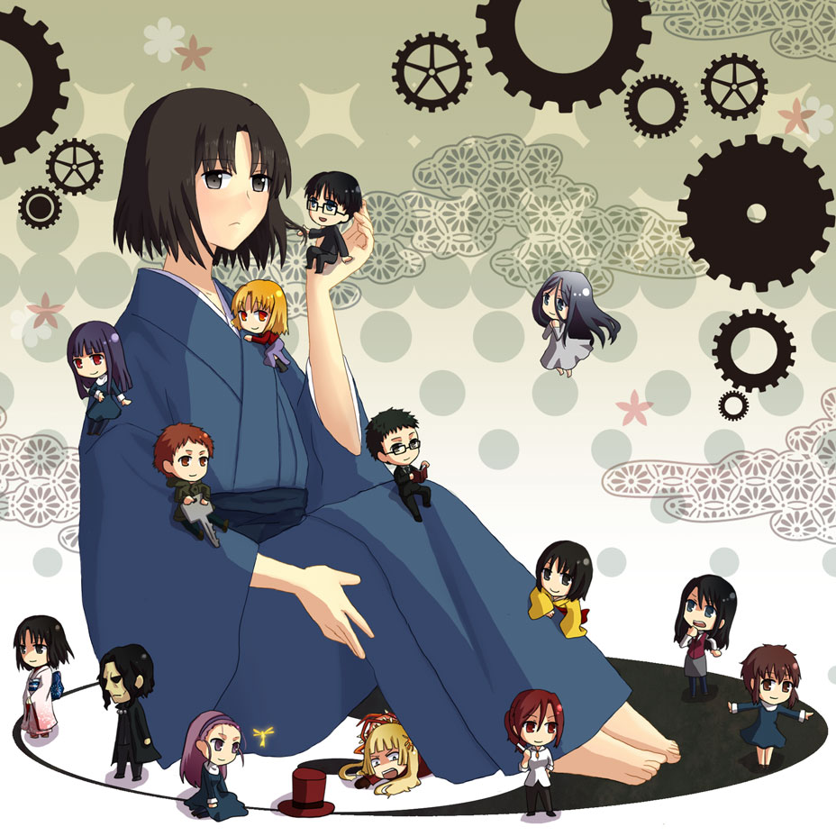 6+boys 6+girls :&lt; aozaki_touko araya_souren asagami_fujino barefoot black_hair blonde_hair blue_eyes brown_eyes chibi cornelius_alba dress enjou_tomoe everyone fujou_kirie gears glasses grey_eyes hairband japanese_clothes kara_no_kyoukai kokutou_azaka kokutou_mikiya kurogiri_satsuki long_hair mini_person miniboy minigirl multiple_boys multiple_girls multiple_persona necktie orange_hair ouji_misaya purple_hair red_eyes red_hair reien_girl&#039;s_academy_school_uniform ryougi_shiki school_uniform seo_shizune shirazumi_lio shizuki_soujuurou short_hair skirt sleeves_rolled_up ton_(pixiv2486624)