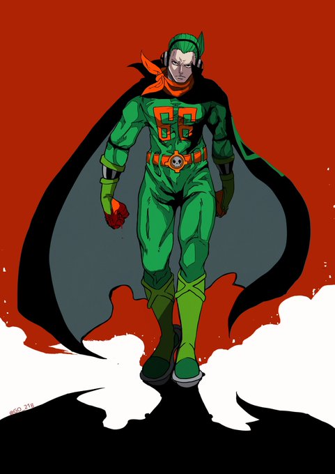 artist_name belt black_cape bodysuit cape clenched_hands full_body go_21g green_bodysuit green_hair headphones looking_at_viewer male_focus multicolored_background muscular muscular_male number_print one_piece orange_belt serious shadow short_hair skull vinsmoke_yonji walking