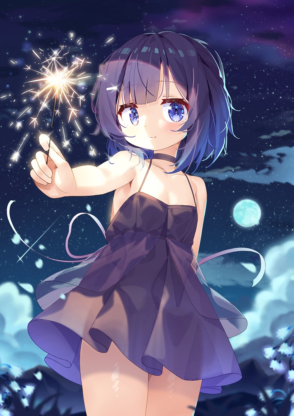 1girl black_dress blue_eyes blue_hair choker cowboy_shot dress fireworks fuiba_fuyu gochuumon_wa_usagi_desu_ka? highres holding holding_fireworks looking_at_viewer night night_sky outdoors short_dress short_hair sky smile solo star_(sky) taku_michi thighs