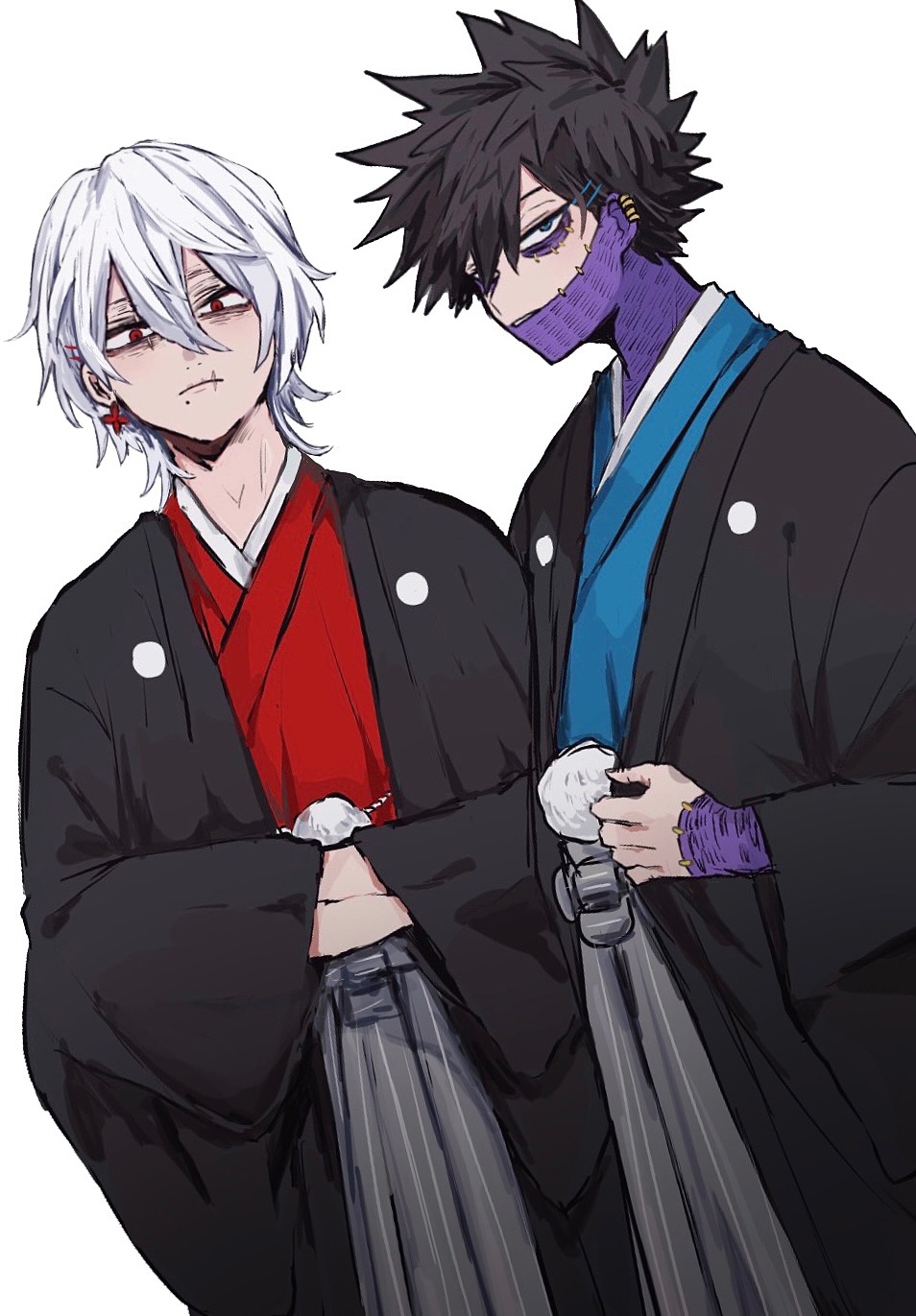 2boys ametaro_(ixxxzu) black_hair blue_eyes boku_no_hero_academia burn_scar cheek_piercing dabi_(boku_no_hero_academia) earrings face_piercing hakama hakama_pants haori highres japanese_clothes jewelry kimono looking_at_viewer male_focus multiple_boys multiple_scars pants piercing red_eyes scar scar_on_face shigaraki_tomura short_hair simple_background spiked_hair staple stapled white_background white_hair wrinkled_skin yukata