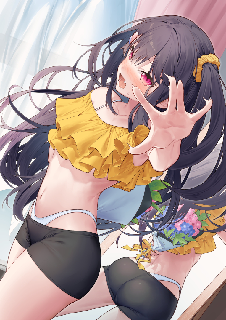 1girl ass back bare_shoulders bike_shorts black_hair blush bouquet curtains fang flower hair_ornament looking_at_viewer midriff mirror navel off_shoulder open_mouth original paid_reward_available panties pink_eyes reflection scrunchie side_ponytail solo sweatdrop tokuno_yuika tongue underwear white_panties