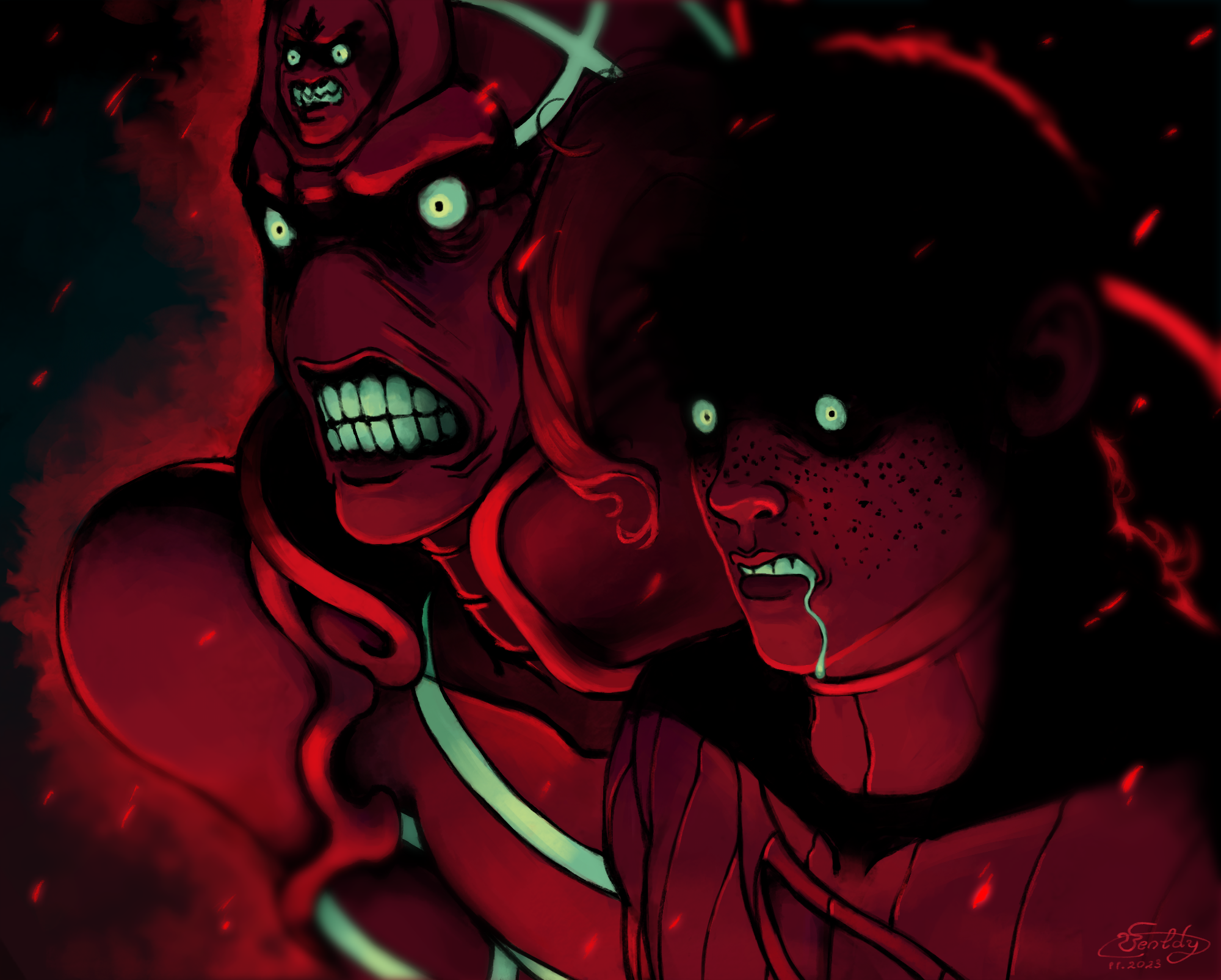 1boy 1other angry cleavage_cutout clothing_cutout colored_teeth drooling epitaph_(jojo) freckles green_eyes green_teeth highres jojo_no_kimyou_na_bouken king_crimson_(stand) red_sweater red_teeth stand_(jojo) sweater teeth upper_body vento_aureo vinegar_doppio wenldyart