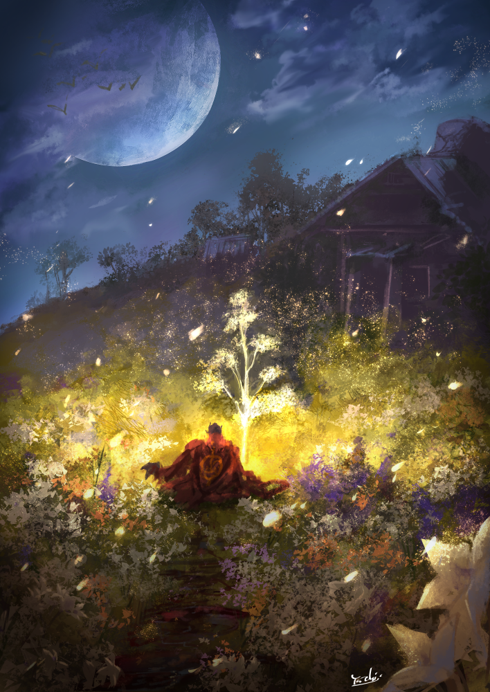 1boy ahamma commentary_request elden_ring elden_ring:_shadow_of_the_erdtree field flower flower_field full_moon glowing glowing_tree hut in-universe_location male_focus messmer_the_impaler moon night night_sky simple_bird sitting sky solo