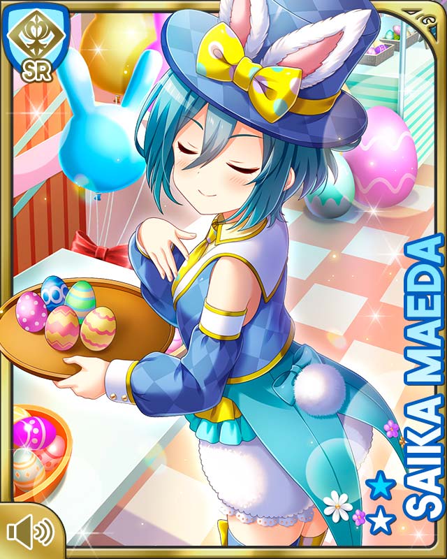1girl animal_ears asymmetrical_legwear blue_coat blue_hat blue_sleeves blue_thighhighs card character_name closed_eyes closed_mouth coat cosplay day detached_sleeves easter easter_bunny_(cosplay) easter_egg egg fake_animal_ears fake_tail girlfriend_(kari) hat indoors maeda_saika mismatched_legwear necktie official_art pants petticoat polka_dot_thighhighs qp:flapper rabbit_ears rabbit_girl rabbit_tail smile solo sparkle striped_clothes striped_thighhighs tagme tail thighhighs top_hat yellow_necktie yellow_thighhighs