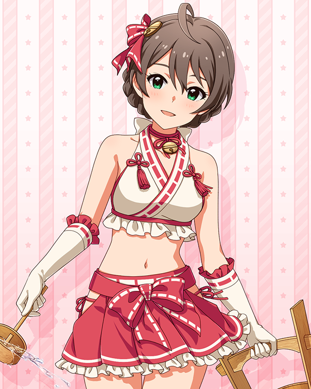 1girl :d ahoge bare_shoulders basket bell bikini bow braid breasts brown_hair collarbone concept_maihime_(idolmaster) cowboy_shot dot_nose elbow_gloves eyelashes frilled_gloves frilled_shirt frilled_skirt frills gloves green_eyes hair_bell hair_ornament hair_ribbon halter_shirt halterneck hip_vent hishaku holding holding_basket idolmaster idolmaster_million_live! idolmaster_million_live!_theater_days jingle_bell light_smile looking_at_viewer medium_breasts midriff miniskirt navel neck_bell nontraditional_miko official_alternate_costume official_art open_mouth pink_background pink_bikini pink_ribbon pink_skirt pleated_skirt ribbon ribbon-trimmed_gloves ribbon-trimmed_shirt ribbon-trimmed_thighhighs ribbon_trim sakuramori_kaori shirt side-tie_bikini_bottom sidelocks skirt sleeveless sleeveless_shirt smile solo star_(symbol) swimsuit thighhighs waist_bow water white_gloves white_thighhighs