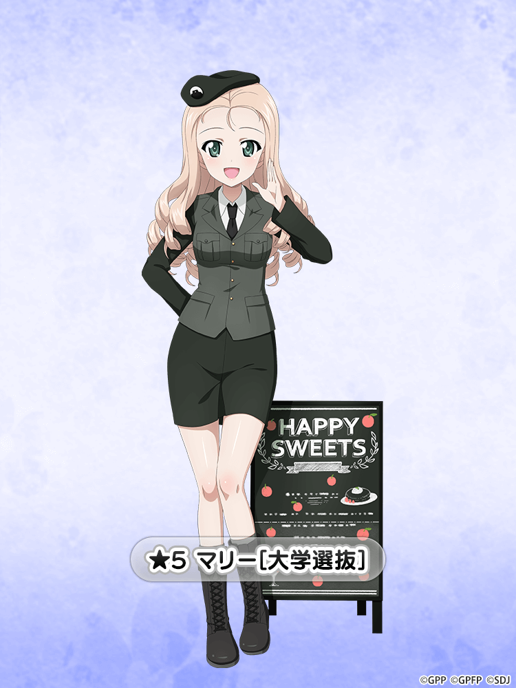 1girl alternate_costume arm_behind_back beret black_boots black_hat black_jacket black_necktie black_skirt blonde_hair blue_background boots character_name commentary_request dress_shirt drill_hair emblem english_text full_body girls_und_panzer girls_und_panzer_senshadou_daisakusen! green_eyes hand_to_own_mouth hat jacket japanese_tankery_league_(emblem) lace-up_boots long_hair long_sleeves looking_at_viewer marie_(girls_und_panzer) military_hat military_uniform miniskirt necktie official_art open_mouth pencil_skirt selection_university_military_uniform shirt sign skirt smile solo standing star_(symbol) translated watermark white_shirt