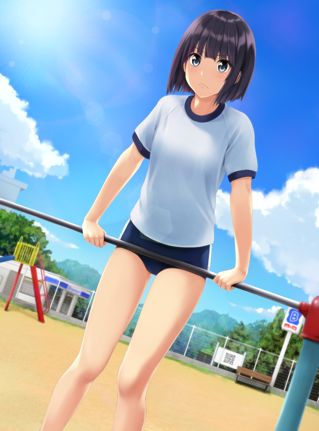 1girl bench black_hair blue_buruma blue_eyes blue_sky bob_cut buruma chain-link_fence closed_mouth cloud commentary_request day fence gym_shirt highres horizontal_bar knees legs nonaka_ritsu original outdoors playground shirt short_hair sky solo thighs white_shirt