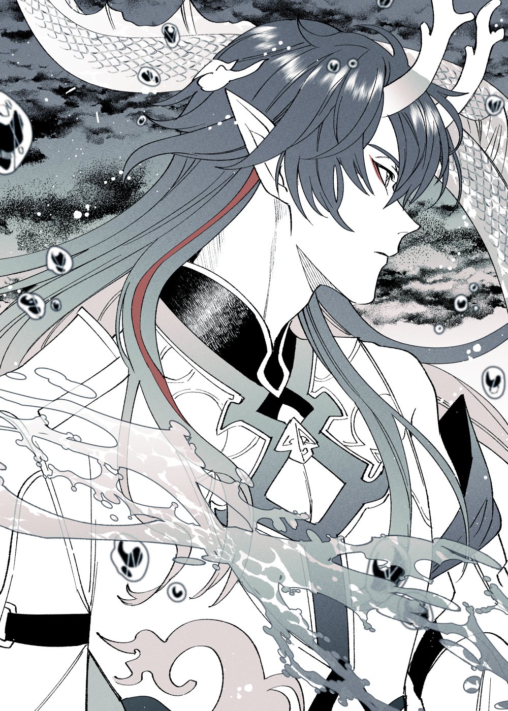 1boy arm_belt belt belt_buckle bubble buckle closed_mouth collared_shirt commentary dan_heng_(honkai:_star_rail) dan_heng_(imbibitor_lunae)_(honkai:_star_rail) dragon_horns dragon_tail floating_hair greyscale hashtag-only_commentary highres honkai:_star_rail honkai_(series) horns long_hair long_pointy_ears looking_ahead male_focus monochrome pointy_ears shirt solo spot_color tail upper_body very_long_hair wokome