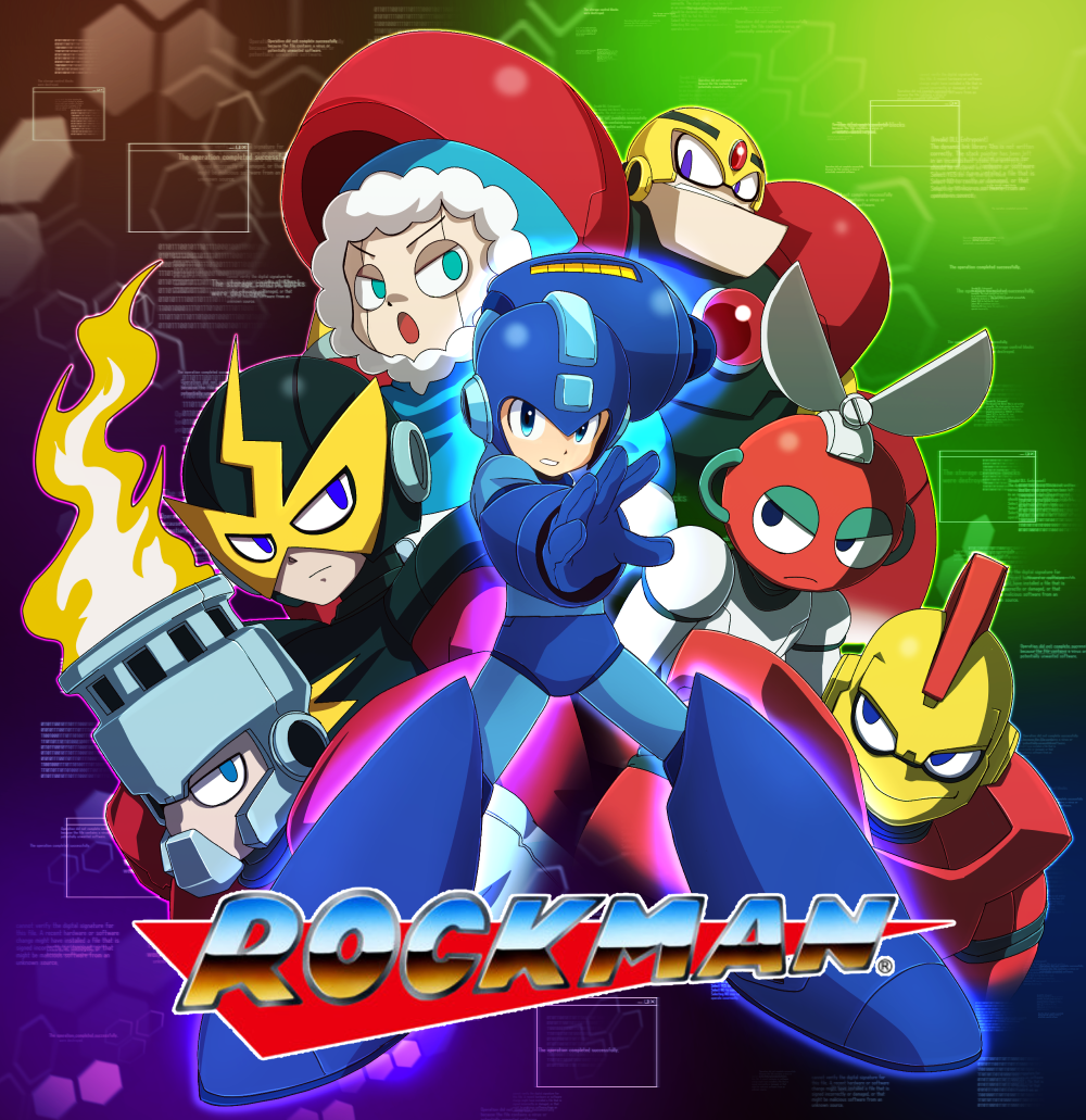6+boys arm_cannon blue_eyes bomb_man clenched_teeth cut_man elec_man english_text fire fire_man guts_man helmet ice_man looking_at_viewer male_focus mask mega_man_(character) mega_man_(classic) mega_man_(series) mega_man_1 multiple_boys purple_eyes sakurajyousui_nami scissors teeth weapon winter_clothes