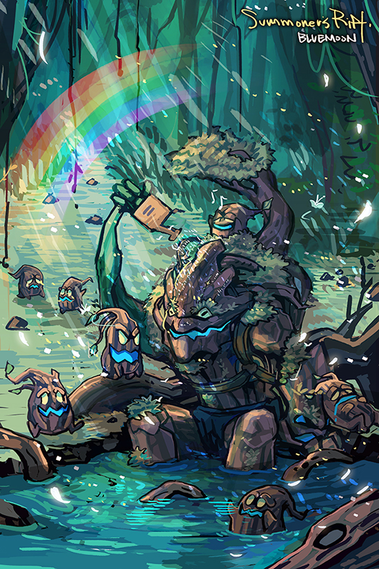artist_name bad_id bad_pixiv_id flower glowing glowing_eyes grass leaf league_of_legends maokai moonblue_jp musical_note no_humans open_mouth rainbow sitting solo tree water