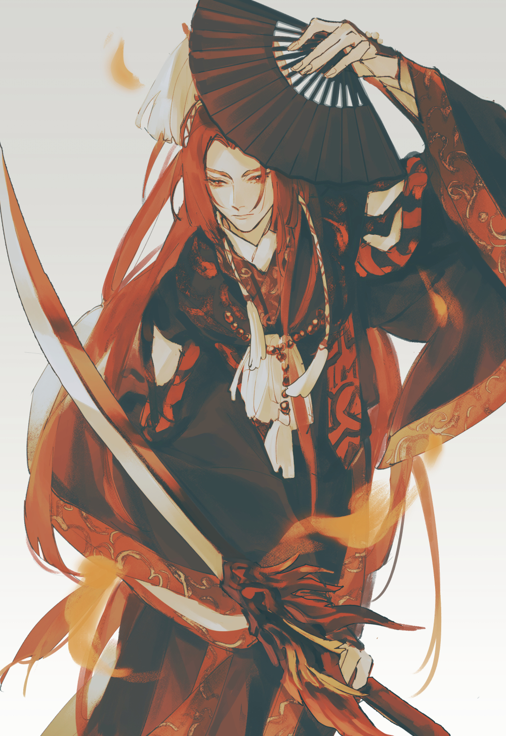 1boy akabane_shinnosuke bead_necklace beads bishounen black_hanfu black_robe chinese_clothes chinese_commentary closed_mouth dao_(weapon) dual_wielding fire folding_fan hand_fan hanfu highres holding holding_fan holding_sword holding_weapon jewelry jinguang_budaixi long_hair long_sleeves looking_at_viewer male_focus necklace red_eyes red_hair red_trim robe simple_background solo sword tassel very_long_hair weapon white_background wide_sleeves wuxia zhao_yi