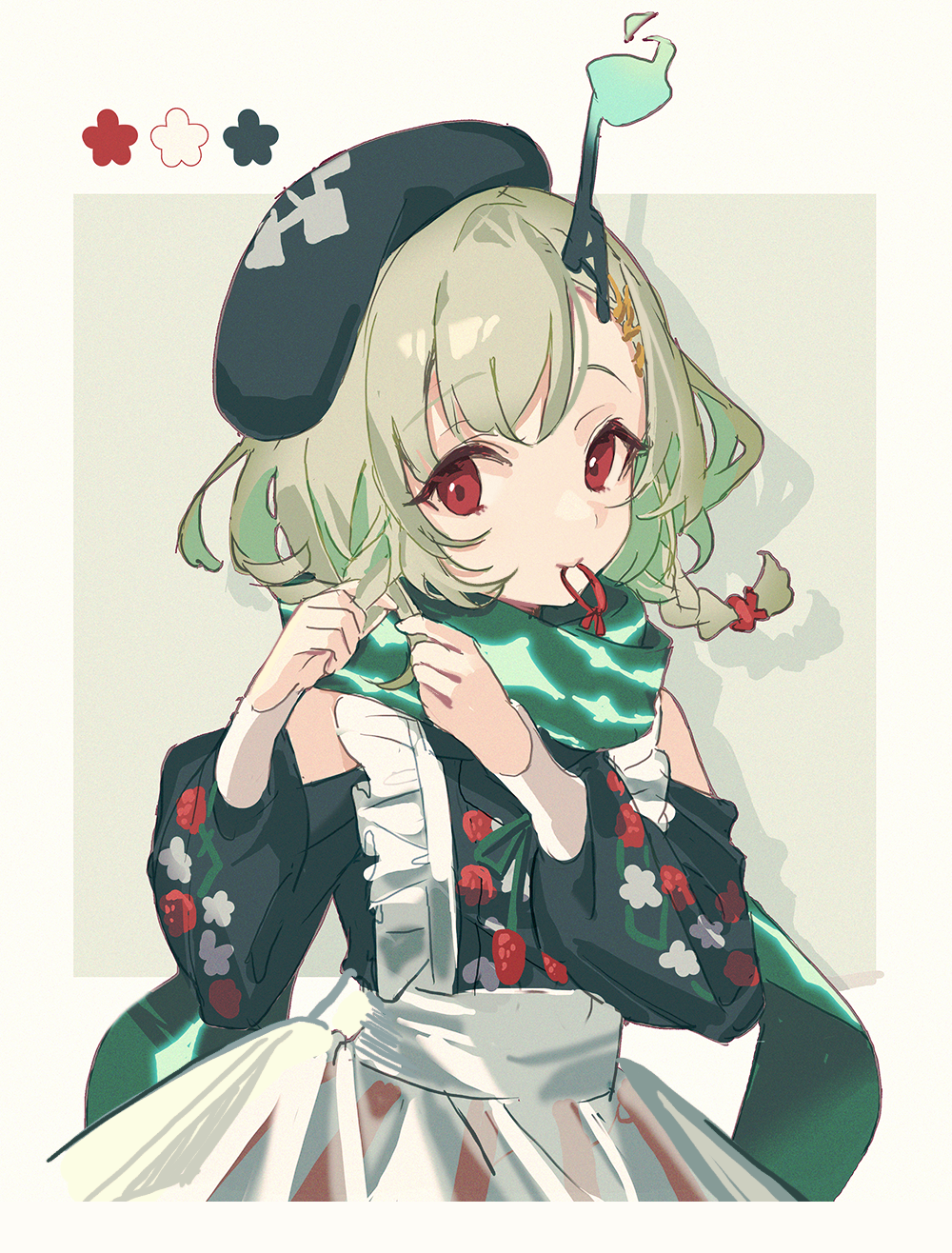1girl apron asymmetrical_bangs beret braid braiding_hair closed_mouth detached_sleeves dress food_print fruit_print green_hair hair_ornament hairclip hairdressing hat highres kina_(446964) little_match_girl_(sinoalice) looking_at_viewer mouth_hold red_eyes rubber_band scarf short_hair simple_background sinoalice smile strawberry_print twin_braids