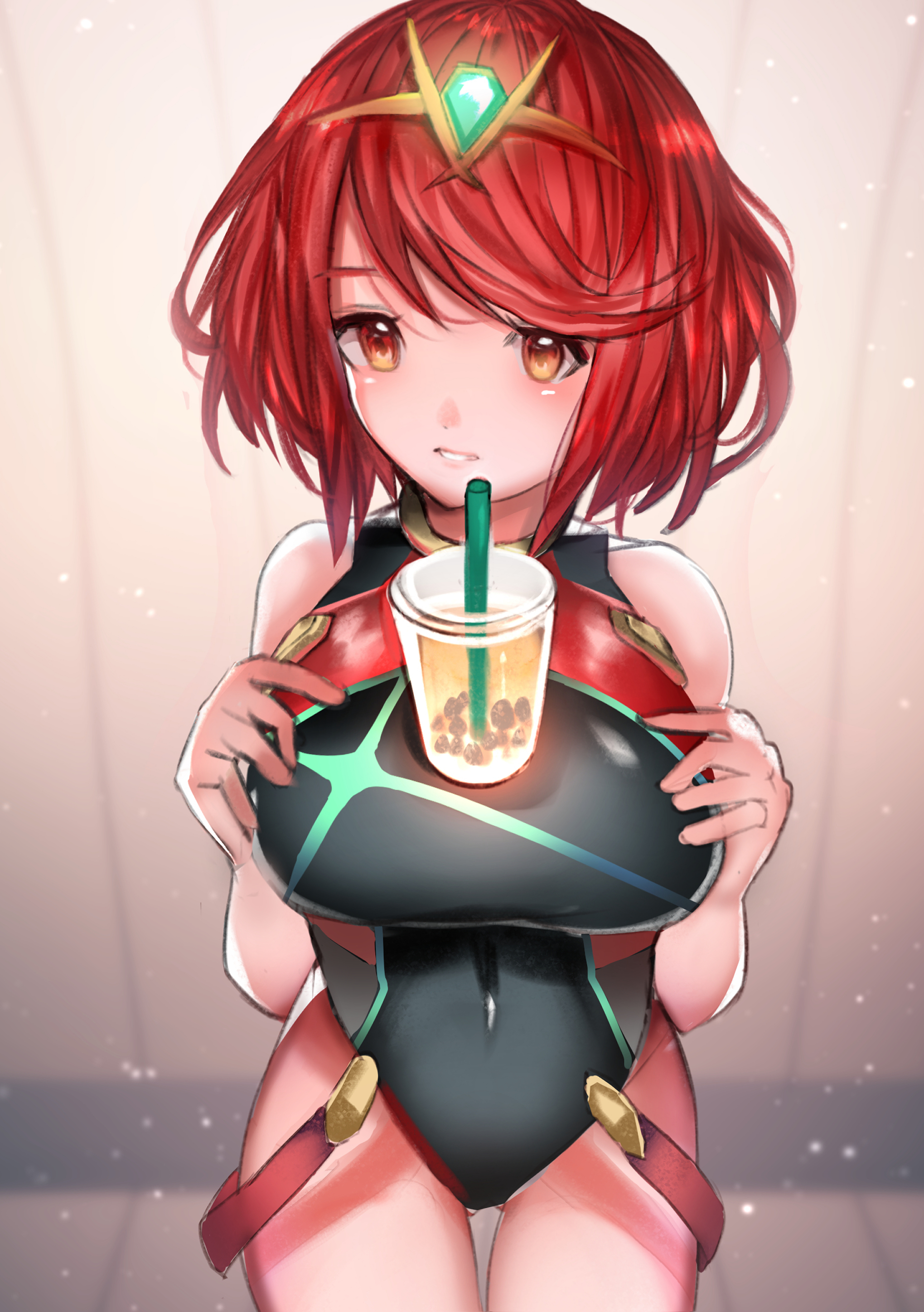 1girl absurdres bare_shoulders black_one-piece_swimsuit breasts bubble_tea bubble_tea_challenge cowboy_shot highres large_breasts one-piece_swimsuit pyra_(pro_swimmer)_(xenoblade) pyra_(xenoblade) red_eyes red_hair red_one-piece_swimsuit short_hair solo swimsuit tarbo_(exxxpiation) tiara xenoblade_chronicles_(series) xenoblade_chronicles_2