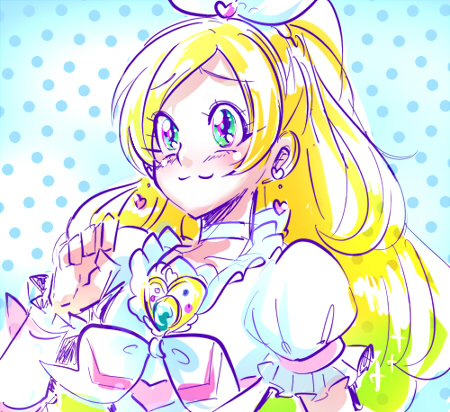 10s 1girl aqua_eyes biho_(tsuinku) blonde_hair blue_background brooch choker cure_rhythm earrings female_focus frills hair_ribbon jewelry long_hair lowres magical_girl minamino_kanade polka_dot polka_dot_background precure ribbon smile solo suite_precure upper_body white_choker wrist_cuffs