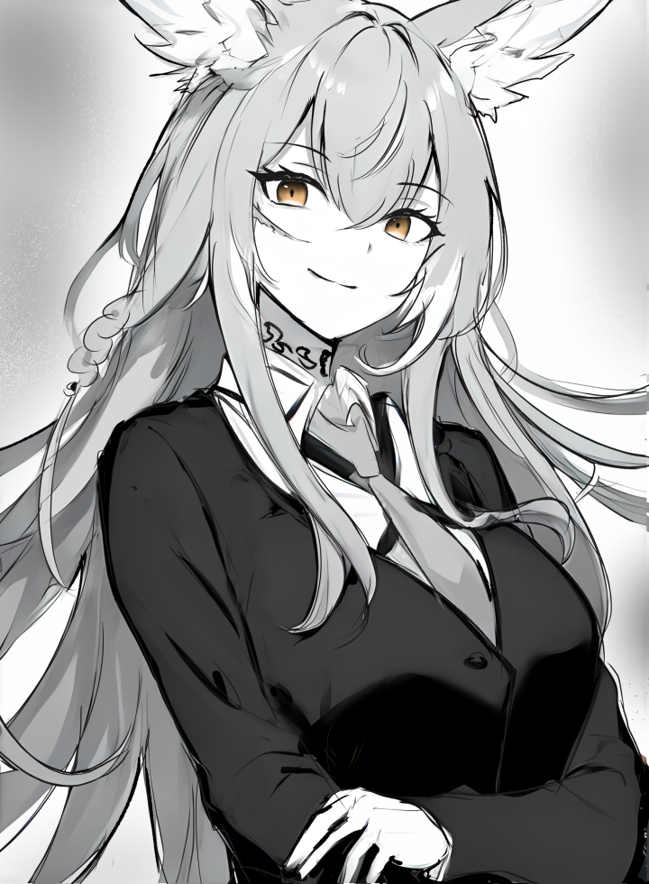 1girl animal_ears arknights blazer closed_mouth collared_shirt commentary facial_scar greyscale hair_between_eyes jacket long_hair long_sleeves looking_at_viewer monochrome necktie raifu_(rf) scar scar_on_cheek scar_on_face shirt sketch smile solo spot_color upper_body vulpisfoglia_(arknights) yellow_eyes