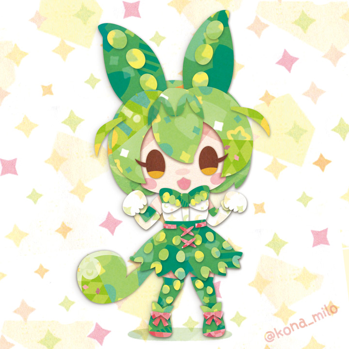 1girl animal_ears bow bowtie brown_eyes elbow_gloves extra_ears full_body gloves green_bow green_bowtie green_hair green_shoes green_skirt green_thighhighs kemono_friends kikuchi_milo long_hair looking_at_viewer ponytail serval_(kemono_friends) shirt shoes simple_background skirt sleeveless sleeveless_shirt solo star_(symbol) thighhighs voiceroid voicevox white_gloves white_shirt zundamon