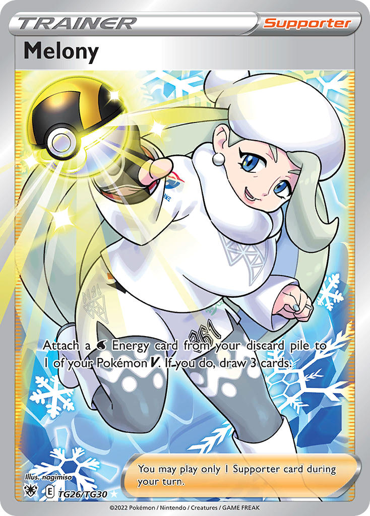 1girl artist_name blue_eyes blue_nails boots breasts card_(medium) character_name company_name copyright_name copyright_notice dynamax_band earrings english_text eyelashes gloves grey_pantyhose hat jewelry large_breasts long_hair long_sleeves mature_female melony_(pokemon) nagimiso nail_polish nintendo official_art open_mouth open_poke_ball pantyhose partially_fingerless_gloves plump poke_ball pokemon pokemon_card pokemon_swsh pokemon_tcg shirt shorts single_glove smile snowflakes solo sparkle teeth third-party_source trading_card ultra_ball very_long_hair white_boots white_hair white_hat white_shirt white_shorts