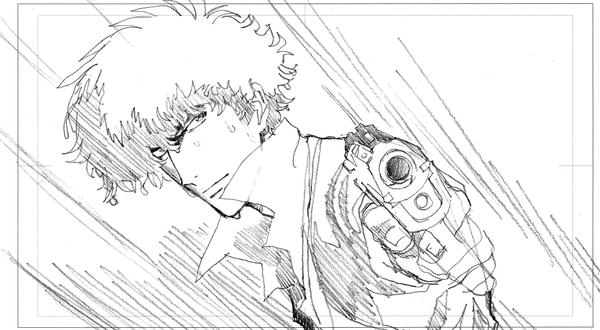 1990s_(style) 1boy aiming aiming_at_viewer cowboy_bebop greyscale gun holding holding_gun holding_weapon male_focus md5_mismatch monochrome nakamura_yutaka resized retro_artstyle sketch solo spike_spiegel sweat weapon