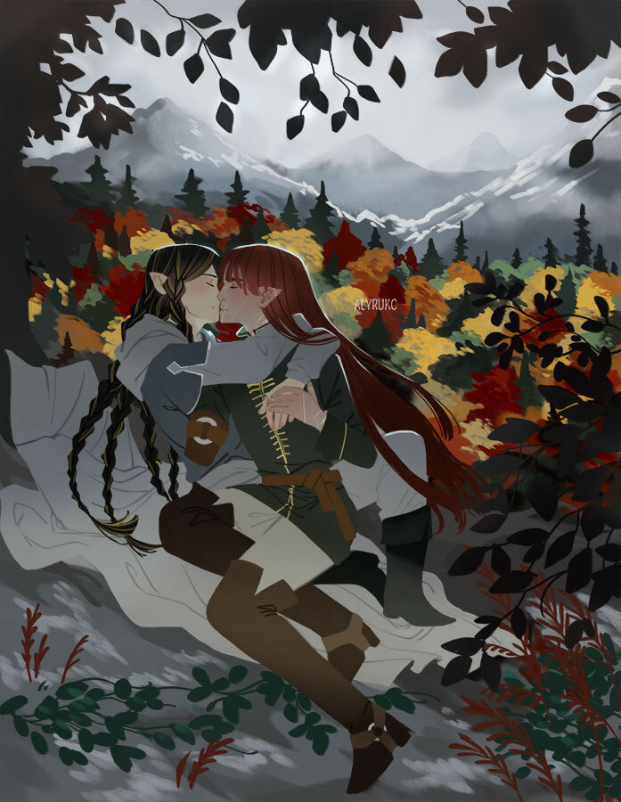 2boys alyruko autumn autumn_leaves belt black_footwear black_hair blue_tunic blunt_bangs boots braid brown_belt brown_footwear brown_pants closed_eyes cloud cloudy_sky elf fingon forest gold_ribbon green_tunic grey_shirt grey_sky hair_ribbon hand_on_another&#039;s_hand hug kiss leaf long_hair maedhros male_focus missing_limb mountain mountainous_horizon multiple_boys multiple_braids nature outdoors pants picnic_blanket plant pointy_ears profile red_hair ribbon scar scar_on_ear scar_on_face scar_on_hand scar_on_mouth shirt side_braids sky the_silmarillion thigh_boots tolkien&#039;s_legendarium tree tunic very_long_hair white_pants yaoi
