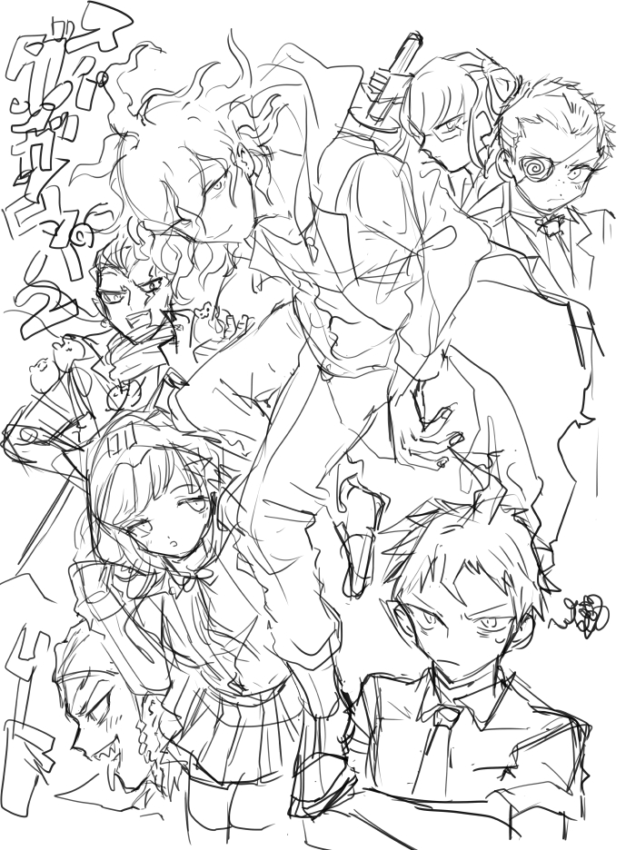 2girls 5boys :d animal braid cham-p crossed_arms danganronpa_(series) danganronpa_2:_goodbye_despair eyepatch greyscale hamster_on_shoulder hinata_hajime holding holding_weapon holding_wrench hood hood_up jum-p komaeda_nagito kuzuryu_fuyuhiko looking_at_viewer maga-g miniskirt monochrome multiple_boys multiple_girls nanami_chiaki neck_ribbon open_mouth pants pekoyama_peko pleated_skirt print_shirt ribbon scarf shirt shoes short_hair sketch skirt smile soda_kazuichi sun-d tanaka_gundham thighhighs translation_request unfinished uzu_(uzusio55) weapon wrench zettai_ryouiki